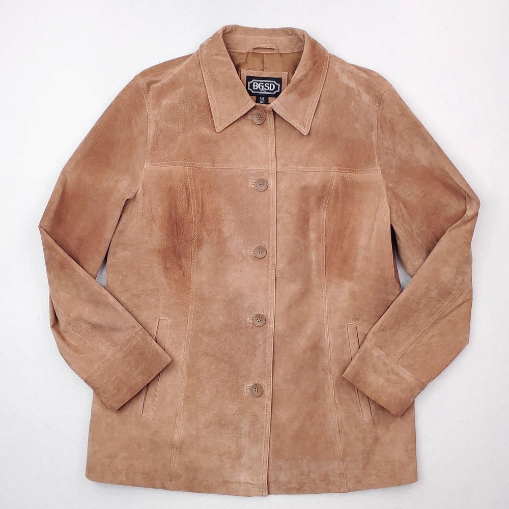 BGSD Jacket Womens XL Tan Brown Suede Leather Button Front Car Coat Western